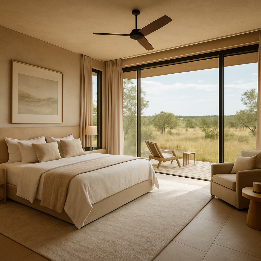 A serene luxury safari suite with linen bedding and a private view over the African bush
